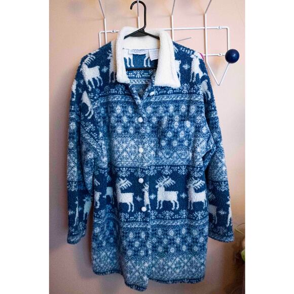 Vintage Blue Fleece Reindeer Jacket – Sherpa Collar Cozy Winter Zip-Up - Picture 4 of 4